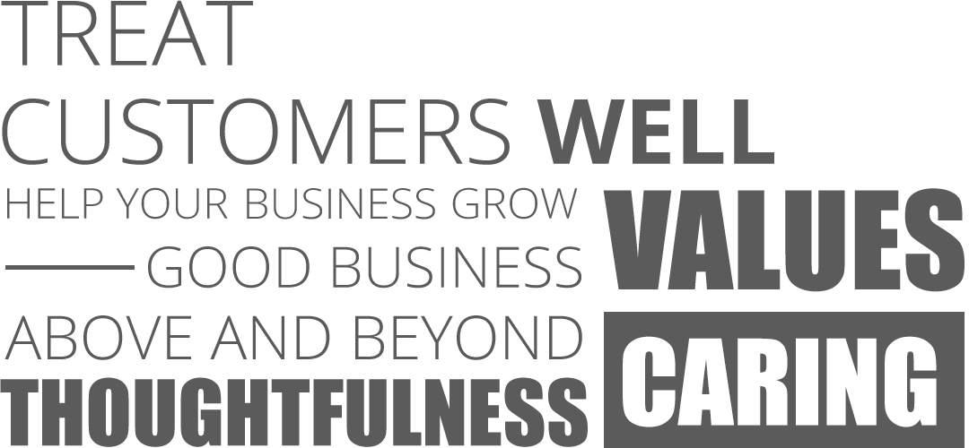 Treat customers well, help your business grow, good business above and beyond, thoughtfulness, values and caring